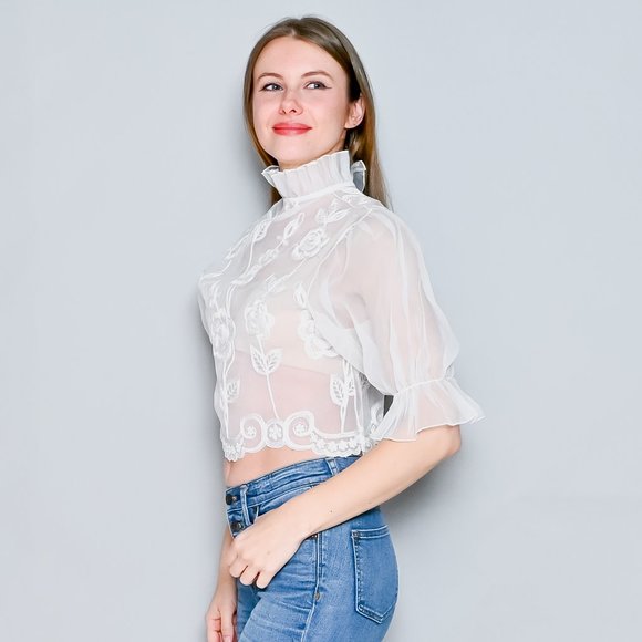 VINTAGE 70s White Organza Embroidered High-Neck Blouse XS - Picture 8 of 12